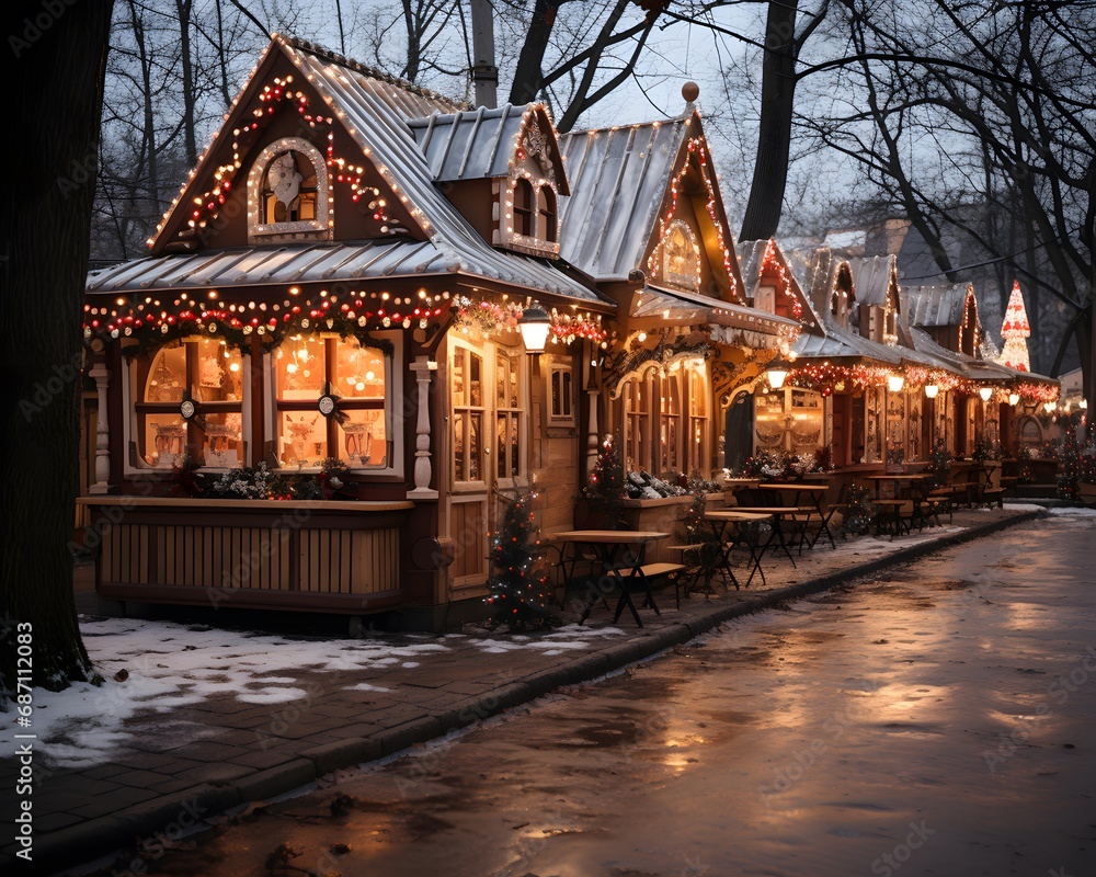 Wooden houses in the city during a snowfall in the evening