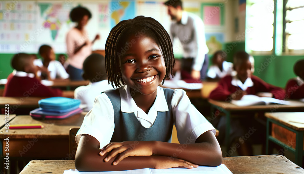 Smiling African girl sitting at a desk in the school classroom.Elementary or Primary school age. Smiling African girl sitting at a desk in the school classroom.Elementary or Primary school age.