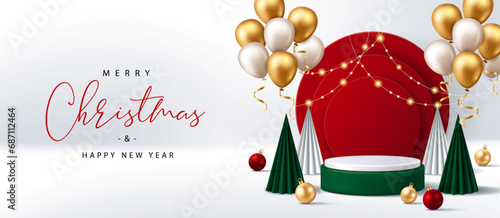 Christmas banner for product demonstration. Green pedestal or podium with balloons, baubles and Christmas trees on white background.