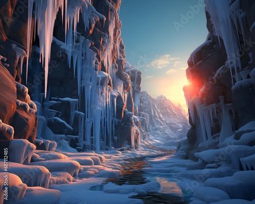 Frozen waterfall with icicles at sunset. 3d illustration.