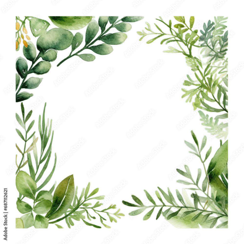 watercolor painting of green leaves in a square frame , isolated transparent background watercolor painting of green leaves in a square frame , isolated transparent background