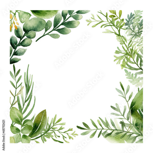 watercolor painting of green leaves in a square frame   isolated transparent background