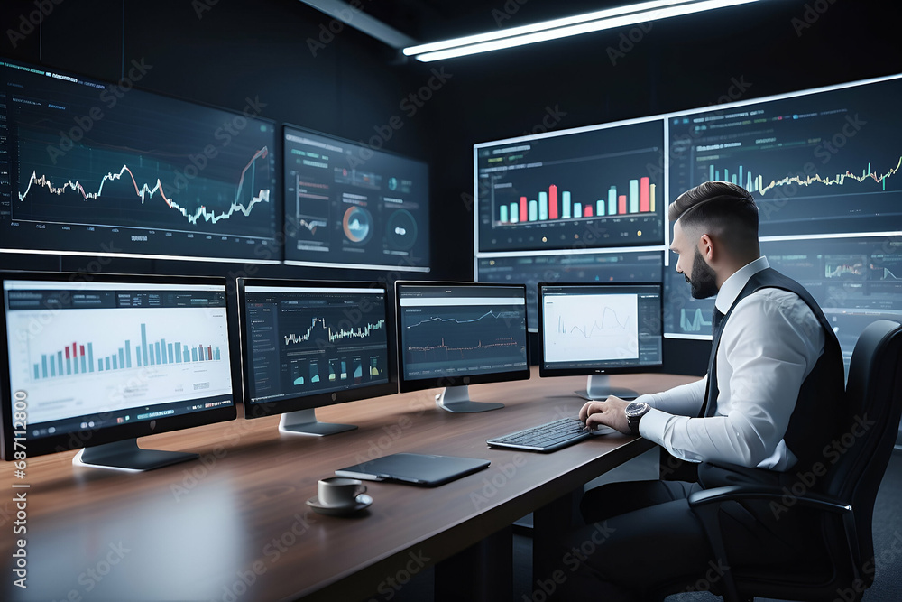 Analyst uses a laptop Showing business analytics dashboard with charts, metrics, and KPI for operations management.Data analysis.sales, marketing. Generative AI
