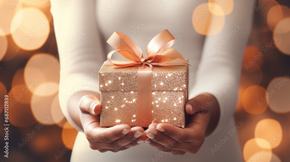 Woman with Christmas Present, Soft Focus Holiday Background