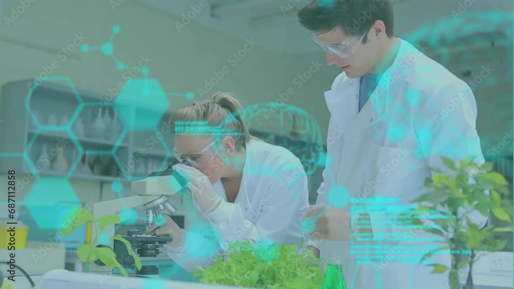 Animation of scientific data processing over caucasian scientists working in laboratory Animation of scientific data processing over caucasian scientists working in laboratory