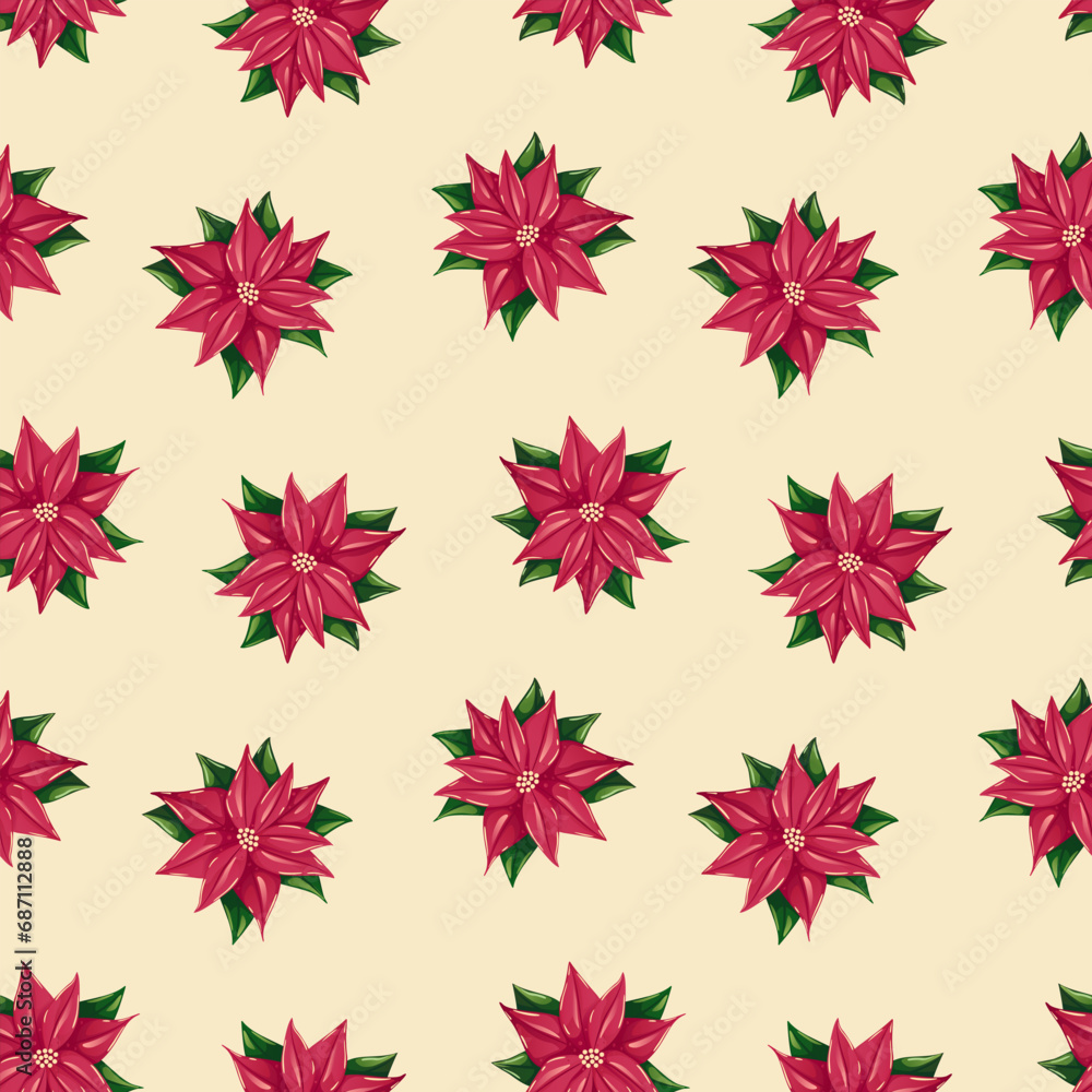Christmas seamless pattern with holly berries branches and poinsettia flower Vector illustration of seamless background. Christmas decoration for holiday patterns, packaging, designs, wrapping Christmas seamless pattern with holly berries branches and poinsettia flower Vector illustration of seamless background. Christmas decoration for holiday patterns, packaging, designs, wrapping