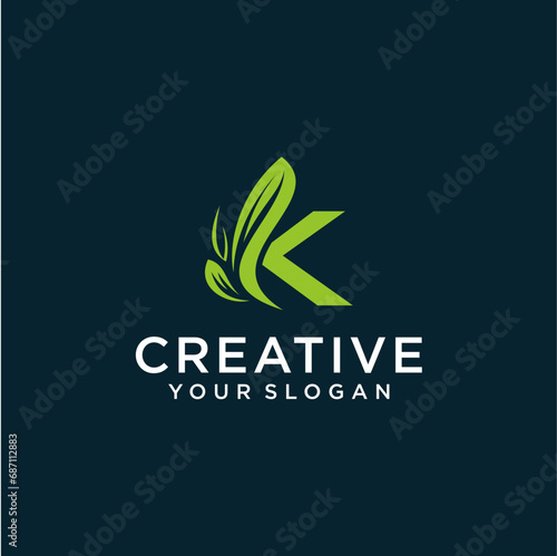 k logo design with leaves or plants