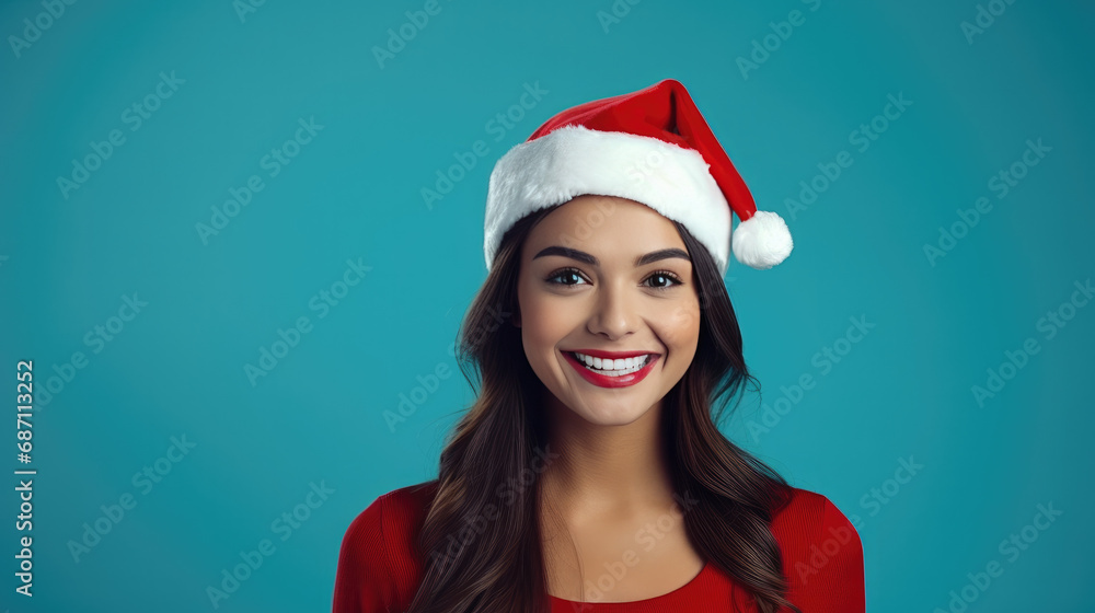 Christmas, smiling business women in Santa helper red hat, wearing aqua color clothes Christmas, smiling business women in Santa helper red hat, wearing aqua color clothes
