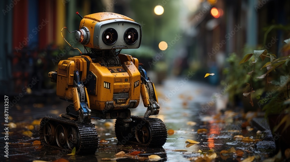 A cute robots stands in a rainy city with a water hole. A cute robots stands in a rainy city with a water hole.