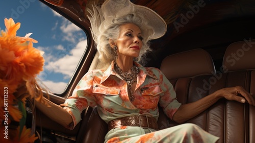 Portrait of rich old lady inside a car photo