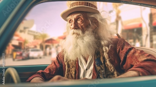 Old man with beard in car