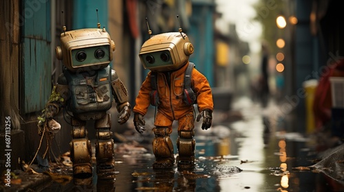 A cute robots stands in a rainy city with a water hole.