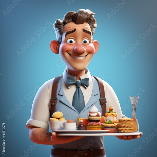 3d cartoon Character of Waiter