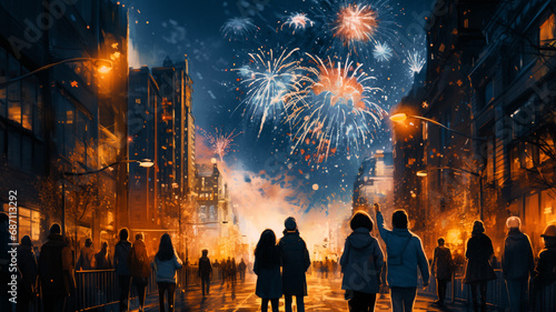 Firework explosion in the night sky celebrating happy new year 2024 . National firework shooting in the beautiful sky for a new year day of year 2024 . © Summit Art Creations