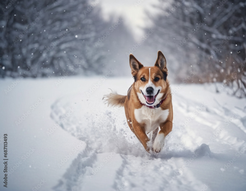 A dog running outside in the snow and smiling