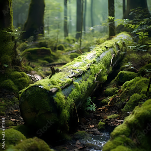 a tranquil forest clearing with a moss-covered log and fireflies.