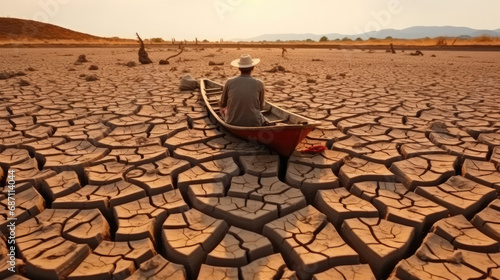  man on the boat in a dry lake, dry cracked soil photo