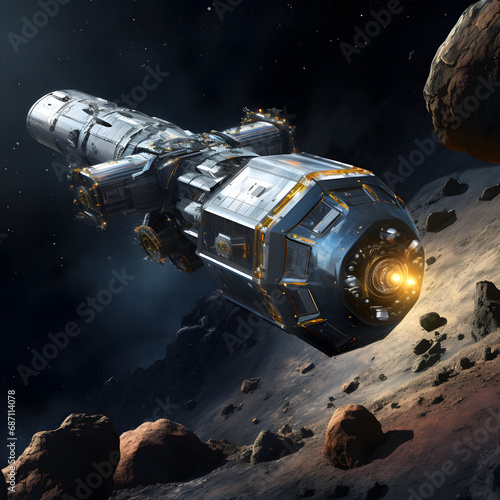 Asteroid Mining Industry: Illustrations of spacecraft equipped for asteroid mining operations, emphasizing the emerging industry's role in resource extraction and space exploration