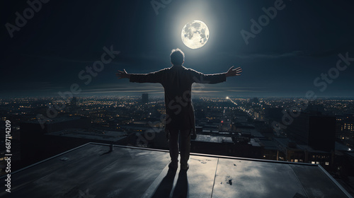 Male sleepwalker on roof at night