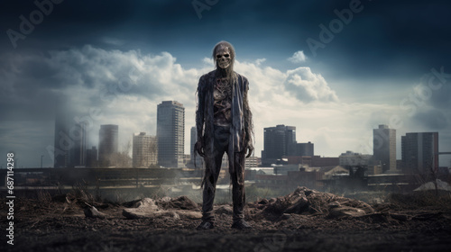 Zombie on street of abandoned town, apocalypse
