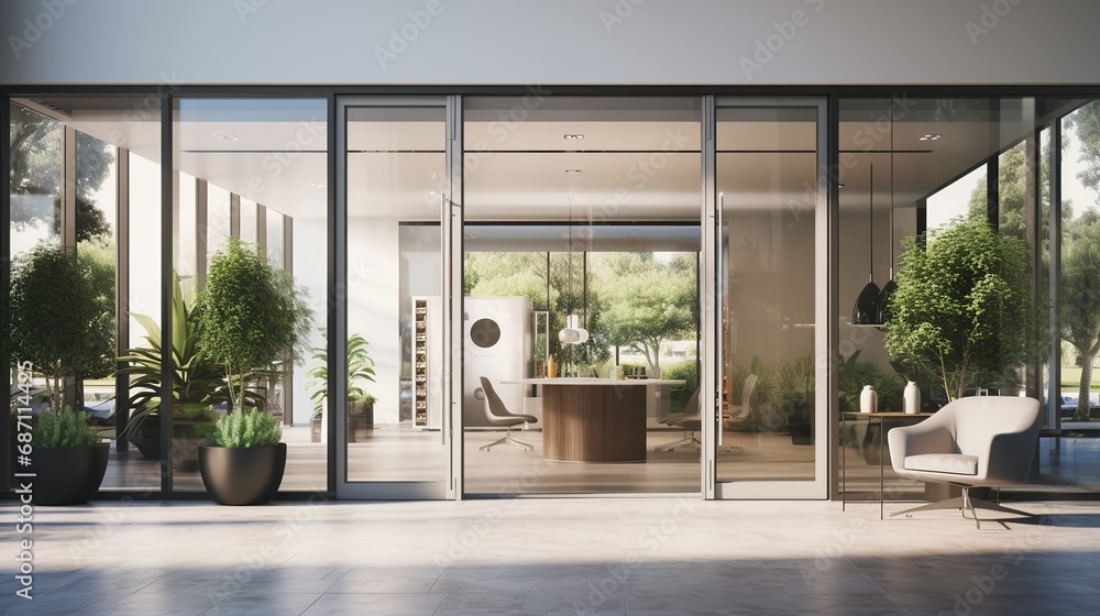 Obraz premium Modern Office Interior with Floor-to-Ceiling Windows