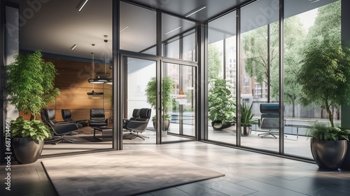 Modern Office Interior with Floor-to-Ceiling Windows