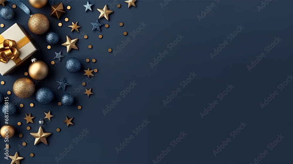 Naklejka premium Christmas decorations on blue background with stars,gift and balls decoration,Christmas background with xmas tree and sparkle bokeh lights on red. Merry christmas card. Winter holiday ,Happy New Year