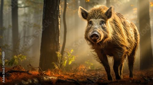 Big wild boar in forest, sunrise light © Kondor83