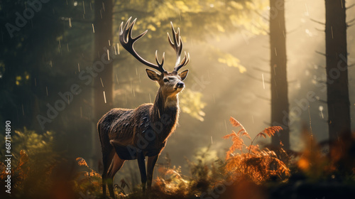 Deer with great antlers in forest, mystical foggy sunrise