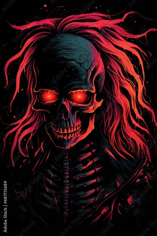 A skeleton with long hair and glowing glasses.