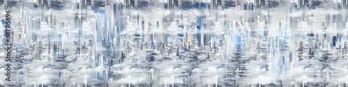 Seamless pattern. panorama of a big city. Winter snowy weather. Wide banner. Mixed style painting. For poster, business card, invitation, flyer, banner, header. Generative AI Content