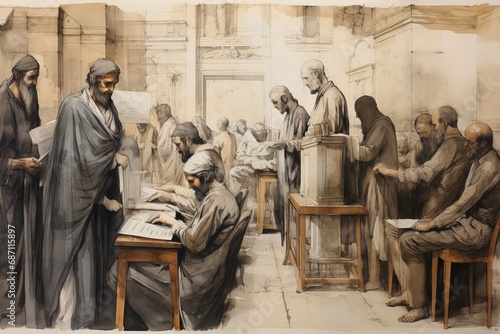 Ink Painting of Athenian Citizens Voting with Ostraka

