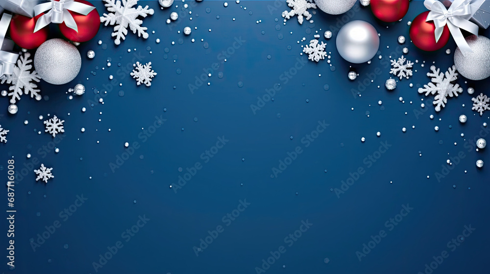 Christmas background with xmas tree, gift box and sparkle bokeh lights on blue background. Merry christmas card. Winter holiday theme. Happy New Year. Space for text, top view Christmas background with xmas tree, gift box and sparkle bokeh lights on blue background. Merry christmas card. Winter holiday theme. Happy New Year. Space for text, top view