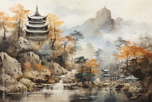 Ancient Temple in Autumn Mountains: Old Paper Painting