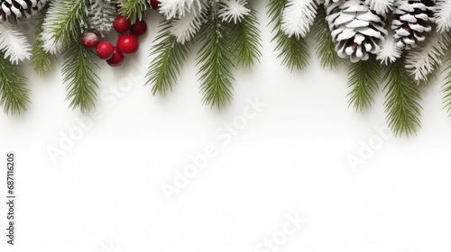 Christmas background with xmas tree, fir branches and balls on white background. Merry christmas card. Winter holiday theme. Happy New Year. Space for text, top view