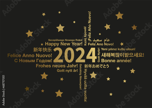 Happy New Year 2023 in different languages word cloud greeting card concept, vector illustration photo