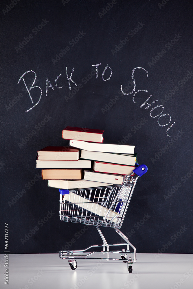 Shopping cart with school books Shopping cart with school books