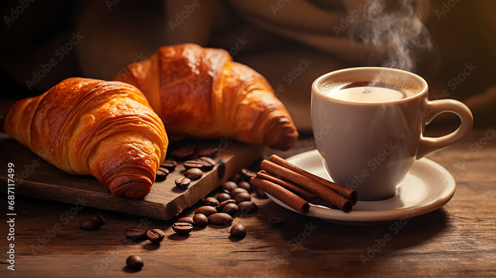 breakfast time with croissants and hot coffee on wooden board breakfast time with croissants and hot coffee on wooden board