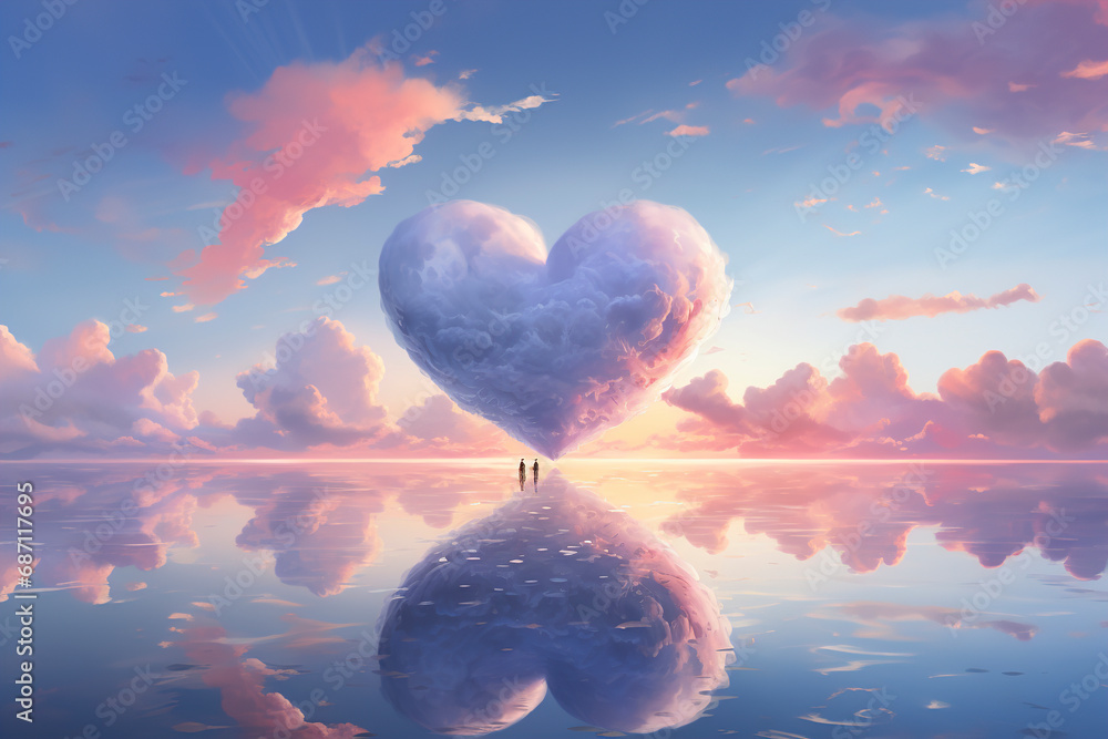 Cloud in the form of a heart is reflected in the water. Cloud heart figure shape in the water. Valentine's Day. Lovers. Fluffy cumulus cloud looks like a heart. Valentine's day symbol.