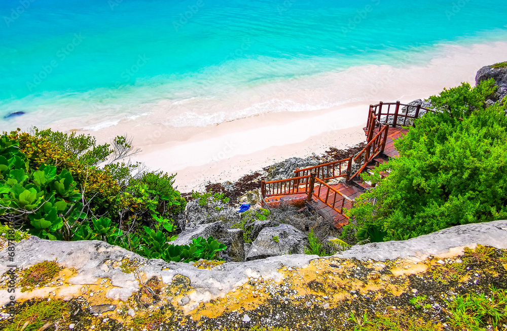 Natural seascape panorama beach view Tulum ruins Mayan site Mexico.