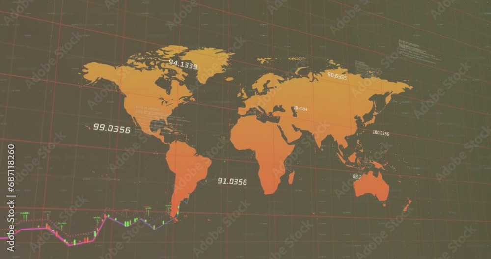Animation of world map and financial data processing Animation of world map and financial data processing