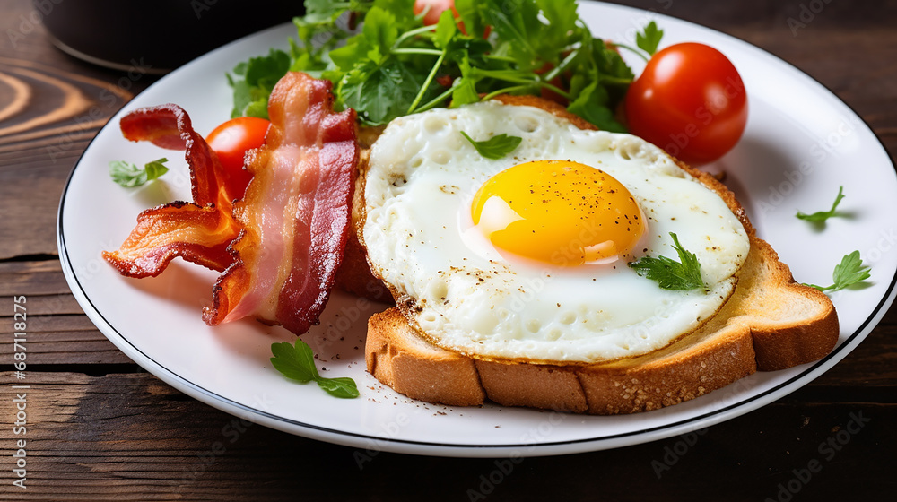 Breakfast with fried eggs bacon and toasts bread isolated white plate Breakfast with fried eggs bacon and toasts bread isolated white plate