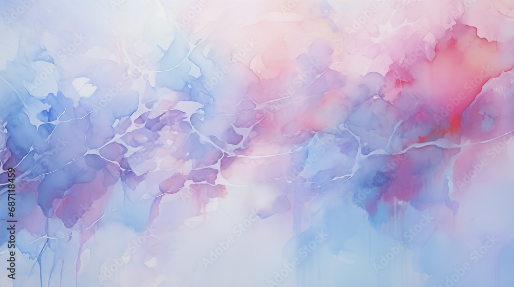 Abstract watercolor wash with flowing blue, pink, and white hues, creating a tranquil and dreamy background with subtle line patterns. High quality illustration.