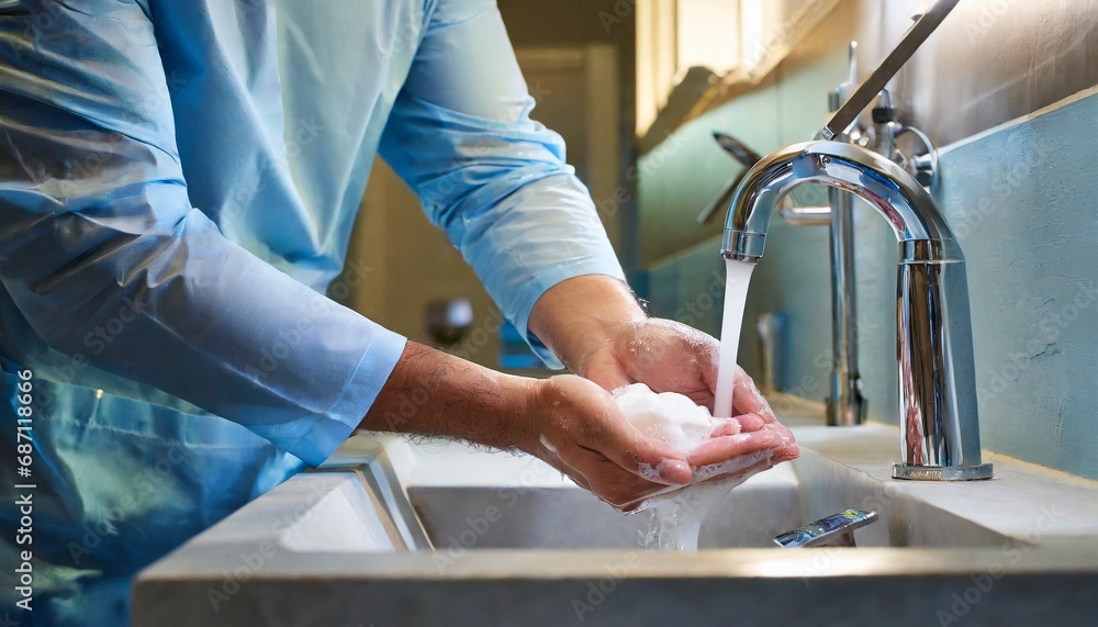 Un doctor, médico o cirujano lavándose las manos con jabón y agua del grifo, cumpliendo las normas de higiene. Esta imagen es ideal para proyectos relacionados con la salud, higiene y prácticas médica Un doctor, médico o cirujano lavándose las manos con jabón y agua del grifo, cumpliendo las normas de higiene. Esta imagen es ideal para proyectos relacionados con la salud, higiene y prácticas médica