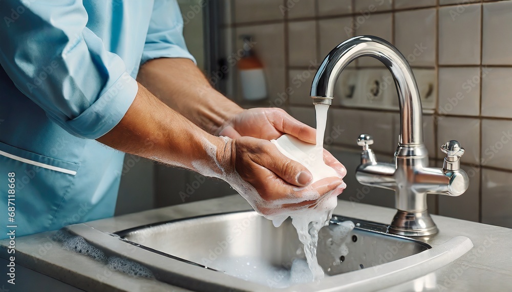 Un doctor, médico o cirujano lavándose las manos con jabón y agua del grifo, cumpliendo las normas de higiene. Esta imagen es ideal para proyectos relacionados con la salud, higiene y prácticas médica Un doctor, médico o cirujano lavándose las manos con jabón y agua del grifo, cumpliendo las normas de higiene. Esta imagen es ideal para proyectos relacionados con la salud, higiene y prácticas médica