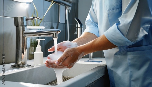 Un doctor, médico o cirujano lavándose las manos con jabón y agua del grifo, cumpliendo las normas de higiene. Esta imagen es ideal para proyectos relacionados con la salud, higiene y prácticas médica