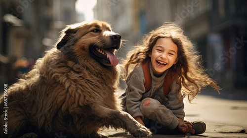 Happy little girl playing with a dog on the street in the city © Creative Valley