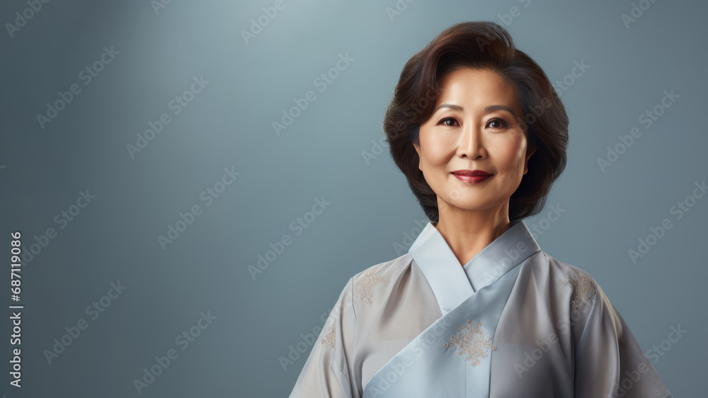 East Asian woman in her 50s smiles, brown hair, blue-gray backdrop East Asian woman in her 50s smiles, brown hair, blue-gray backdrop