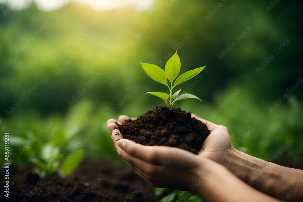 hands holding a plant, taking care of the environment, person holding a growing plant, heart shape, love - obrazy, fototapety, plakaty 