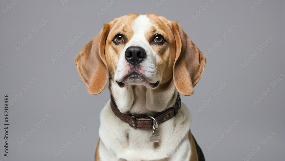 Beagle dog with floppy ears and soulful eyes wearing a collar in a minimalist studio portrait